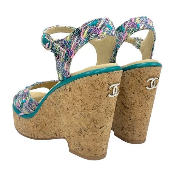 Chanel Sandals Shoes Tweed Cork Multicolor Unused CC Coco Mark - Picture 4 of 10